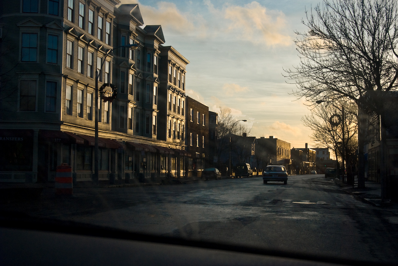 union square through a streaked windshield